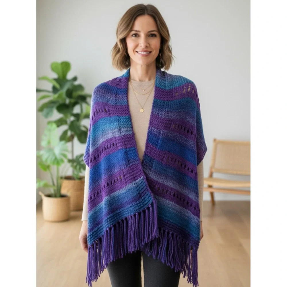 NEW Blue Purple Eyelet Hand Knit Shawl Wrap‎ Boho Festival Artsy Indie Coastal